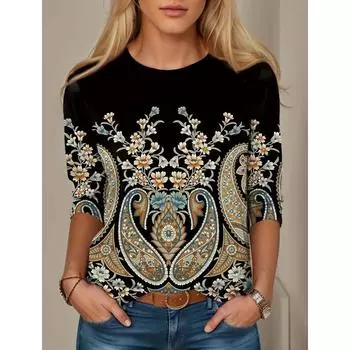 Женская футболка с 3D-принтом, этническим цветочным принтом, повседневная мода, повседневные футболки с длинным рукавом, с круглым вырезом, черные топы на весну и осень S