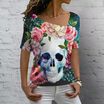 Женская футболка с 3D принтом черепа розы и v-образным вырезом, блузки, повседневный пуловер с короткими рукавами, топы, летние большие футболки в стиле Харадзюку 4XL
