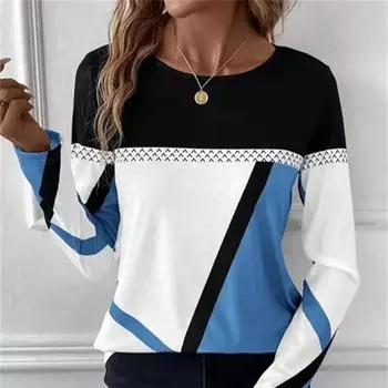 Женская футболка с 3D-принтом и цветными блоками, с геометрическим принтом, футболка с длинным рукавом, на каждый день, на выходные, модная, забавная, с круглым вырезом, обычный крой, весна и осень XS