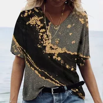 Женская футболка с 3D принтом и градиентом, одежда для девочек, блузка большого размера с v-образным вырезом, летний пуловер в стиле Харадзюку с короткими рукавами, женские повседневные топы XL