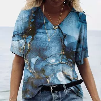 Женская футболка с 3D принтом и градиентом, одежда для девочек, блузка большого размера с v-образным вырезом, летний пуловер в стиле Харадзюку с короткими рукавами, женские повседневные топы L