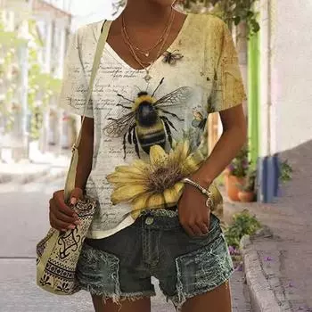 Женская футболка с 3D-принтом и рисунком пчелы, женская повседневная уличная одежда Harajuku, летняя рубашка большого размера с коротким рукавом и V-образным вырезом S