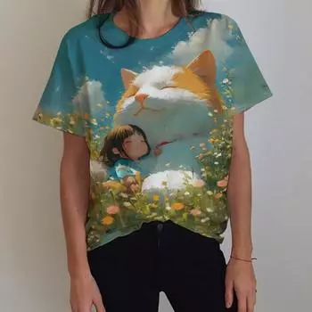 Женская футболка с 3D-принтом и рисунком кошки, короткий рукав, летняя модная уличная футболка с круглым вырезом, свободная футболка в стиле Харадзюку S