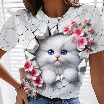 Женская футболка с 3D принтом Kawaii Cat с цветочной графикой, повседневные футболки с короткими рукавами, топы, модная летняя футболка с круглым вырезом Y2K для девочек S