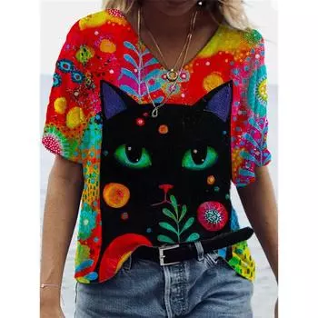Женская футболка с 3d принтом кошек, модные женские блузки, забавная кавайная футболка с v-образным вырезом, женская одежда, летние топы больших размеров, футболки S