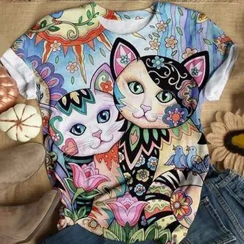 Женская футболка с 3d принтом кота, цветная красивая женская футболка с круглым вырезом и короткими рукавами, модная уличная футболка M