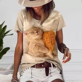 Женская футболка с 3D принтом кота и летним элементом, сексуальная, с круглым вырезом, модная, с коротким рукавом, уличная, в стиле Харадзюку, удобная женская повседневная футболка XL