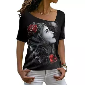 Женская футболка с 3D принтом «Красота черепа» Y2k Elegance, винтажная, с коротким рукавом, элегантная, повседневная, удобная, из полиэстера, с диагональным воротником M