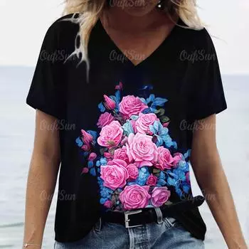 Женская футболка с 3D-принтом «Летний цветок» Футболка с короткими рукавами и V-образным вырезом Женская одежда больших размеров Дизайнерская футболка с короткими рукавами Женская футболка с V-образным вырезом