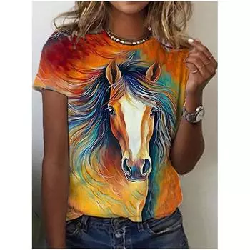 Женская футболка с 3D-принтом «Лошадь» в стиле Харадзюку, повседневный топ с круглым вырезом и короткими рукавами, модный тренд, женская одежда больших размеров S