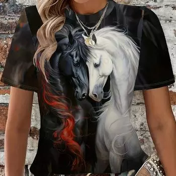 Женская футболка с 3d принтом лошади, женская модная футболка с круглым вырезом и коротким рукавом, футболка с рисунком животных, женские топы, футболки Y2k S