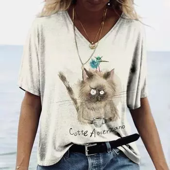 Женская футболка с 3D принтом «Манга Кот» из хлопка в стиле Харадзюку, летний топ с короткими рукавами и v-образным вырезом, повседневная женская одежда, футболки большого размера 4XL