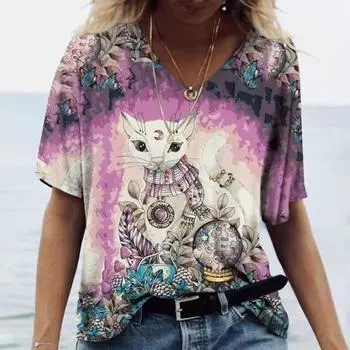 Женская футболка с 3D принтом «Манга Кот» в стиле Харадзюку, летний топ с короткими рукавами и v-образным вырезом, повседневная женская одежда, футболки большого размера S