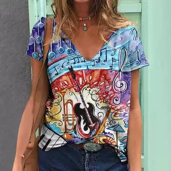 Женская футболка с 3d-принтом музыкальных гитар и v-образным вырезом, топы с короткими рукавами, футболки, уличная одежда, женская футболка большого размера, летняя женская одежда 3XL
