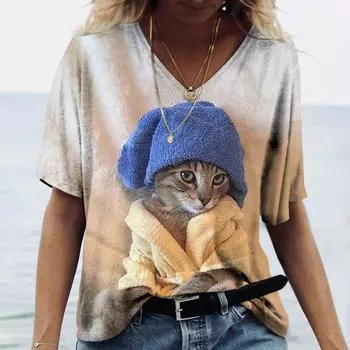 Женская футболка с 3D принтом, повседневная летняя одежда, одежда с котами и животными, топы с v-образным вырезом, спортивная одежда, футболки с короткими рукавами