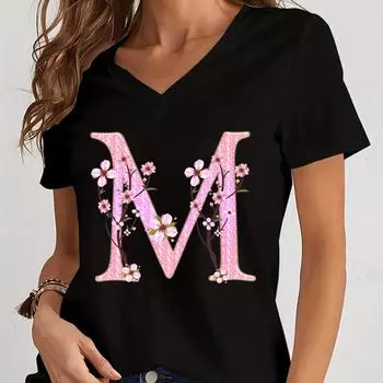 Женская футболка с 3D-принтом, повседневная, с V-образным вырезом, короткими рукавами, летняя, свободная, с принтом в виде цветущей вишни S