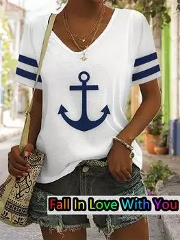 Женская футболка с 3D принтом якоря и v-образным вырезом, модная повседневная футболка с коротким рукавом на весну и лето, Harajuku, женская свободная футболка, уличная одежда, топ S