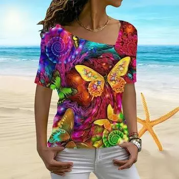 Женская футболка с 3D принтом «Страна чудес бабочки» и нестандартным вырезом, с короткими рукавами и низом XS синий
