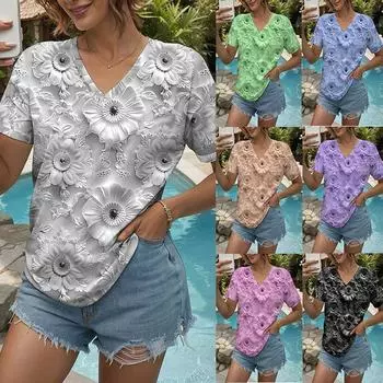 Женская футболка с 3D-принтом - уличный топ свободного кроя с V-образным вырезом S белый