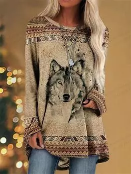 Женская футболка с 3d принтом волка, женская мода, футболки с животными, повседневные топы с длинными рукавами, футболки, винтажная футболка, свободные футболки с совой 6XL