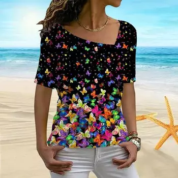 Женская футболка с 3D радужным принтом бабочки, фейерверком, цветением, нерегулярным воротником, с короткими рукавами и низом XS фиолетовый