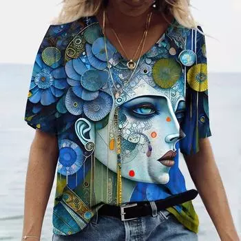 Женская футболка с 3D росписью лица, базовые топы в стиле Харадзюку, летние повседневные свободные уличные рубашки с короткими рукавами и v-образным вырезом, женский модный пуловер 3XL