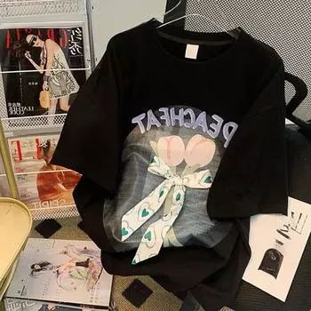 Женская футболка с 3D украшением и бантом, универсальный топ с принтом Sense, летние свободные женские футболки с круглым вырезом и короткими рукавами M чёрный