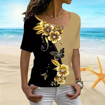 Женская футболка с 3D золотым цветочным принтом, фейерверком, цветением, нерегулярным воротником, с коротким рукавом и подложкой XS золотой