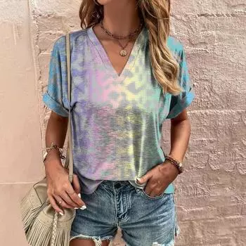 Женская футболка с абстрактной живописью, уличная одежда, женская одежда, V-образный вырез, короткий рукав, топ с графическим принтом, повседневные рубашки и блузки S