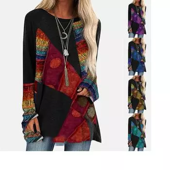 Женская футболка с абстрактным цветным блоком, росписью в стиле пэчворк, с принтом, выходные, с длинным рукавом, круглым вырезом, праздник, базовый, Essential, XS-8XL 5XL