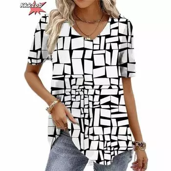 Женская футболка с абстрактным цветочным рисунком, летняя повседневная свободная футболка с графическим принтом и V-образным вырезом, базовый топ, модная одежда больших размеров с 3D-принтом S