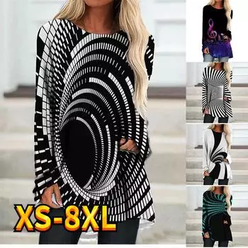 Женская футболка с абстрактным геометрическим принтом, повседневная, праздничная, с длинным рукавом, с цветочным принтом, с круглым вырезом, базовая, XS-8XL XS