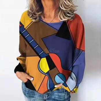 Женская футболка с абстрактным искусством и рисунком лица, осенняя женская одежда с длинными рукавами и круглым вырезом, топы, уличная одежда в стиле Харадзюку, женские футболки S