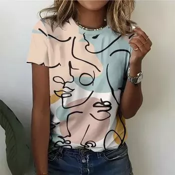 Женская футболка с абстрактным искусством в мягких линиях: современный повседневный с коротким рукавом, уникальное модное заявление 2XS