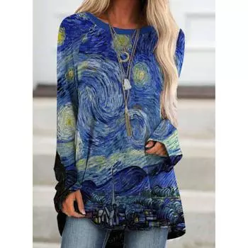 Женская футболка с абстрактным принтом «Звездная ночь Ван Гога» Повседневная праздничная и выходная футболка с длинным рукавом с цветочным принтом и круглым вырезом Essential S-5XL M