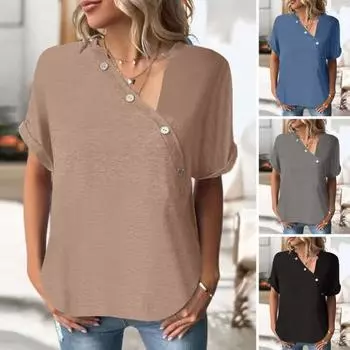 Женская футболка с асимметричным декором на пуговицах и короткими рукавами, мягкая повседневная дышащая середина M хаки