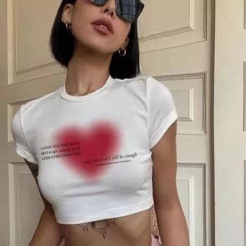 Женская футболка с эстетическим сердечным принтом, аниме, письмо, каваи, укороченные топы 90-х годов, летние футболки с короткими рукавами, уличная одежда Kpop, одежда Y2k для женщин S белый