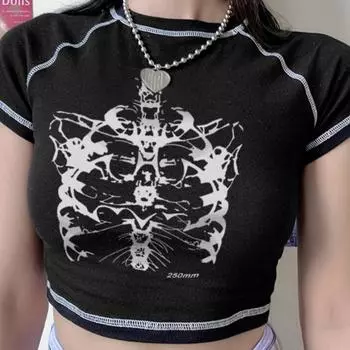 Женская футболка с эстетичным скелетом Harajuku Y2K, черная, милая, для девочек, тонкая, с принтом черепа, забавная винтажная одежда с графическим рисунком, укороченный топ E-girl S чёрный