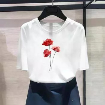 Женская футболка с азиатским размером и цветочным принтом, акварель, милая трендовая женская футболка 90-х годов, повседневная женская летняя футболка, модная футболка с коротким рукавом и рисунком S