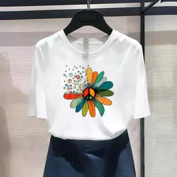 Женская футболка с азиатским размером и принтом, милая футболка с цветочным принтом и цветочным принтом в стиле 90-х, милая повседневная женская летняя футболка с графическим рисунком, модная футболка с коротким рукавом S