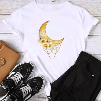 Женская футболка с азиатским размером и принтом T Moon Flower Прекрасный тренд Симпатичная одежда 90-х годов Повседневный женский летний топ Модная футболка с коротким рукавом и рисунком S