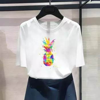 Женская футболка с азиатским размером и принтом, акварель, ананас, тренд 90-х годов, повседневная женская летняя футболка с графическим принтом, модная футболка с коротким рукавом S