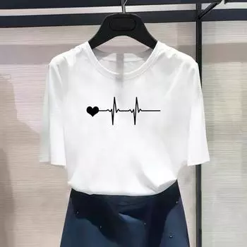 Женская футболка с азиатским размером и принтом «Сердцебиение», милая милая женская футболка, повседневная женская летняя футболка, модная футболка с рисунком, футболка с коротким рукавом S