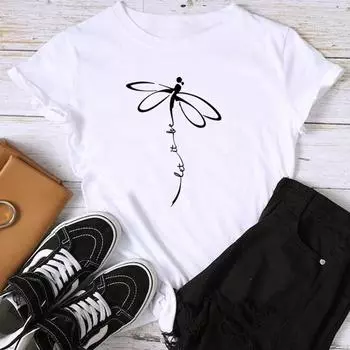 Женская футболка с азиатским размером и принтом, повседневная футболка с надписью «Стрекоза», сладкий тренд, милый женский летний топ с графическим рисунком, модная футболка с коротким рукавом S