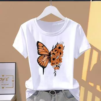 Женская футболка с азиатским размером и принтом, модная футболка в стиле бабочки с цветочным принтом, милая повседневная женская летняя футболка с графическим принтом, модная футболка с коротким рукавом S