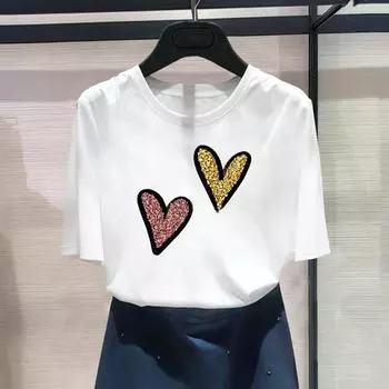 Женская футболка с азиатским размером и принтом Love Heart Trend Симпатичная повседневная женская летняя футболка 90-х годов с графическим рисунком Модная футболка с коротким рукавом S