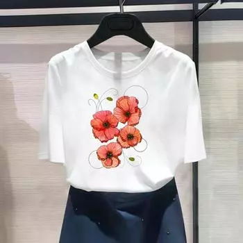 Женская футболка с азиатским размером и принтом, цветочный стиль, тренд 90-х годов, повседневная женская летняя футболка с графическим принтом, модная футболка с коротким рукавом S