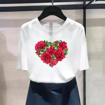 Женская футболка с азиатским размером и принтом Love Heart Flower Sweet 90-х, милая женская футболка, повседневная женская летняя футболка, модная футболка с коротким рукавом и рисунком S