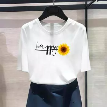 Женская футболка с азиатским размером и принтом, повседневная футболка с цветочным принтом, милый цветочный тренд, милый женский летний топ с графическим рисунком, модная футболка с коротким рукавом S