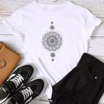 Женская футболка с азиатским размером и принтом, винтажная женская футболка с цветочным принтом, повседневная женская летняя футболка, модная футболка с коротким рукавом и рисунком S